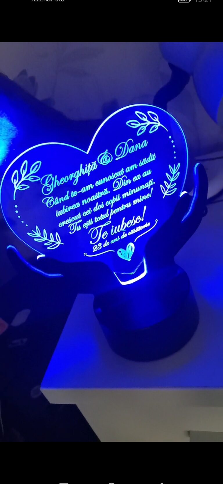 Fotografie reală cu „Cadou personalizat Trofeu led - Placheta inima mea - LED”, trimisă în recenzia #514964