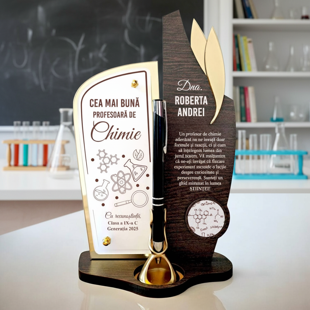 Trofeu personalizat cu pix – Cea mai buna profesoara de chimie Trofeu personalizat cu pix – Cea mai buna profesoara de chimie