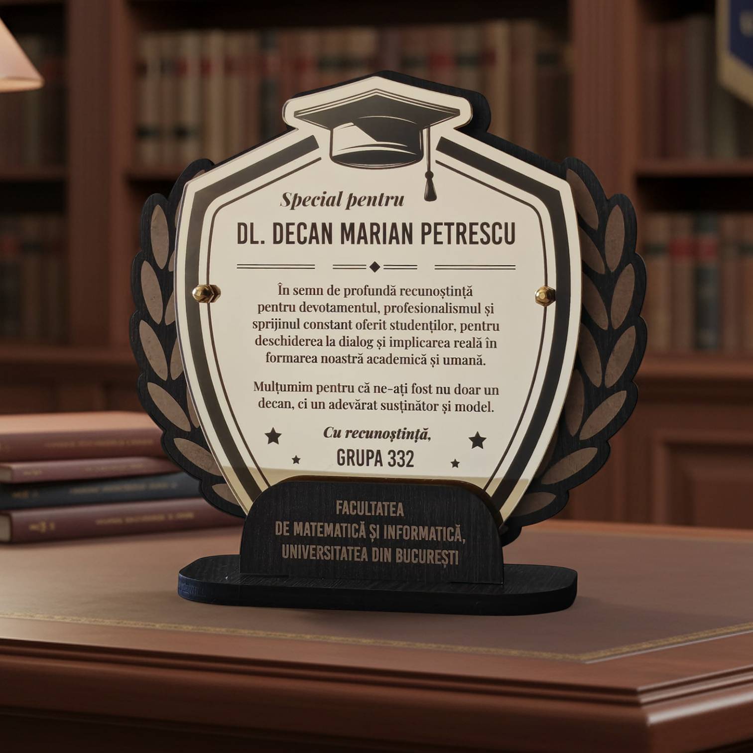 Trofeu Personalizat – Cadou de Recunoștință pentru Decan
