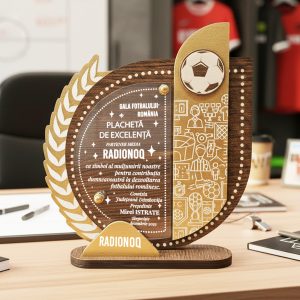 Trofeu personalizat pentru eveniment fotbal – Mulțumire partener