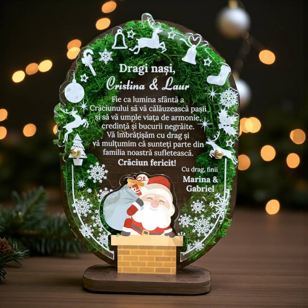 Trofeu personalizat cu licheni – Cadou de Crăciun pentru nași