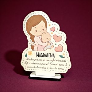 Mărturie botez personalizată din lemn – Mamă cu bebeluș și mesaj emoționant