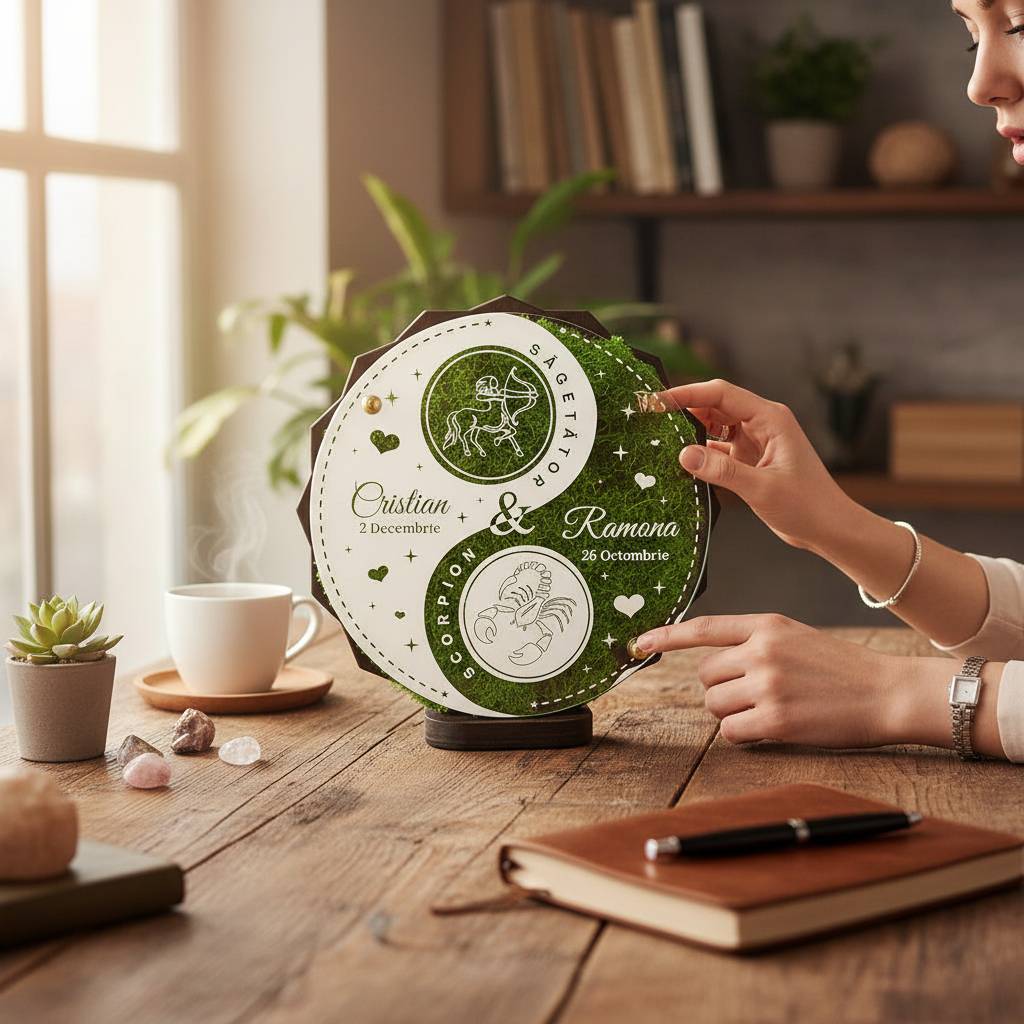 Trofeu Personalizat cu Licheni - Cadou Unic cu zodii pentru Cuplu