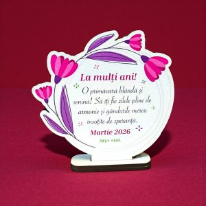 Martisor personalizat din lemn – La multi ani! O primavara blanda si senina! – model floral roz