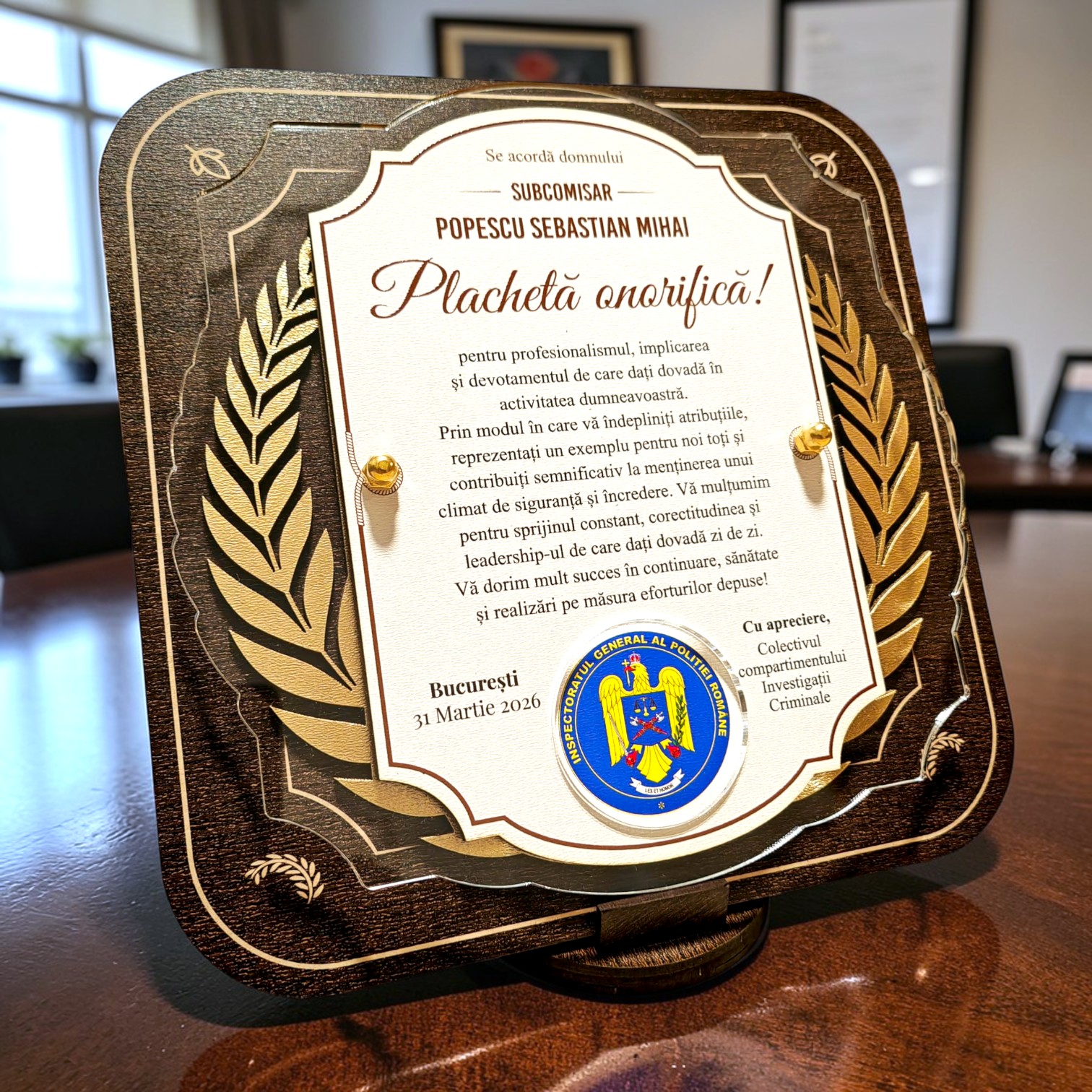 Trofeu Placheta Onorifica Personalizata - Subcomisar Politie Trofeu Placheta Onorifica Personalizata - Subcomisar Politie