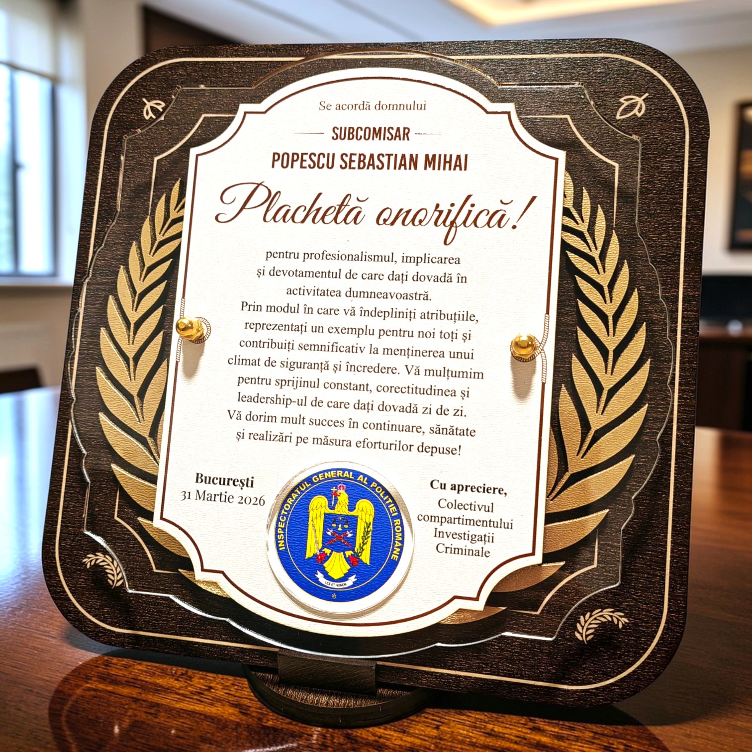 Trofeu Placheta Onorifica Personalizata – Subcomisar Politie