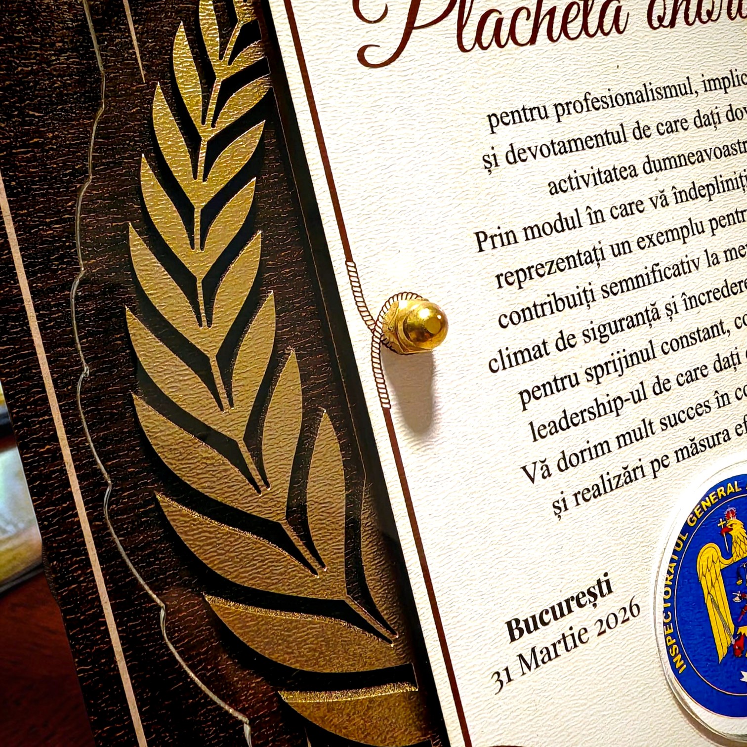 Trofeu Placheta Onorifica Personalizata - Subcomisar Politie Trofeu Placheta Onorifica Personalizata - Subcomisar Politie