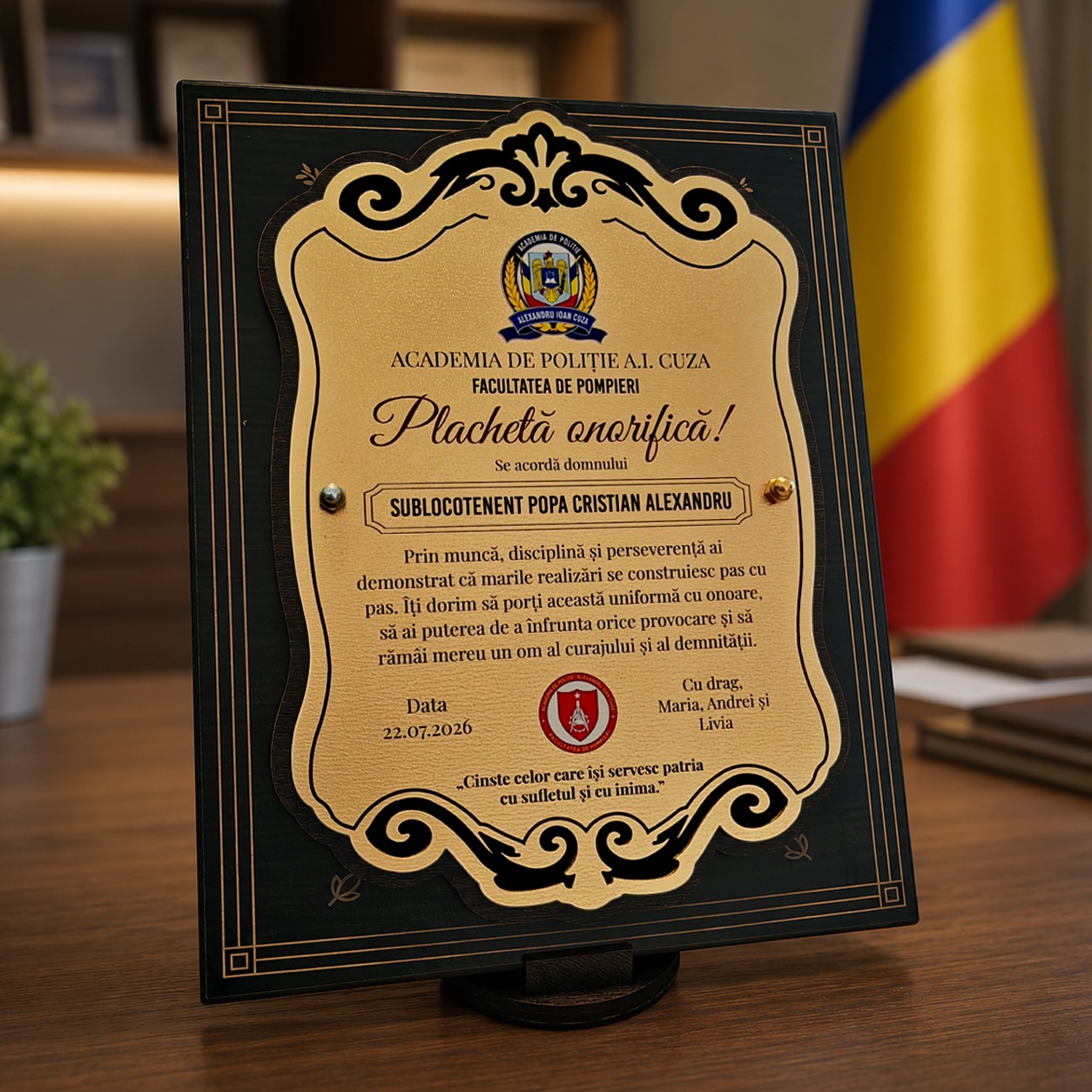 Cadou absolvire Facultatea de Pompieri – plachetă personalizată
