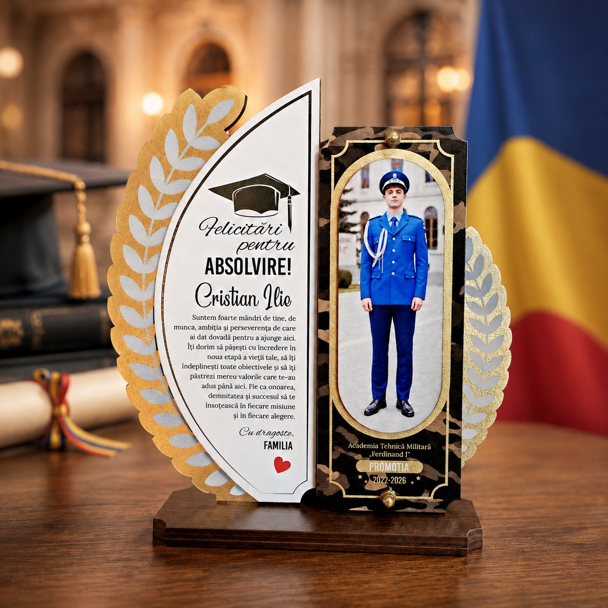 Trofeu personalizat absolvire Academia Militară cu poză și mesaj