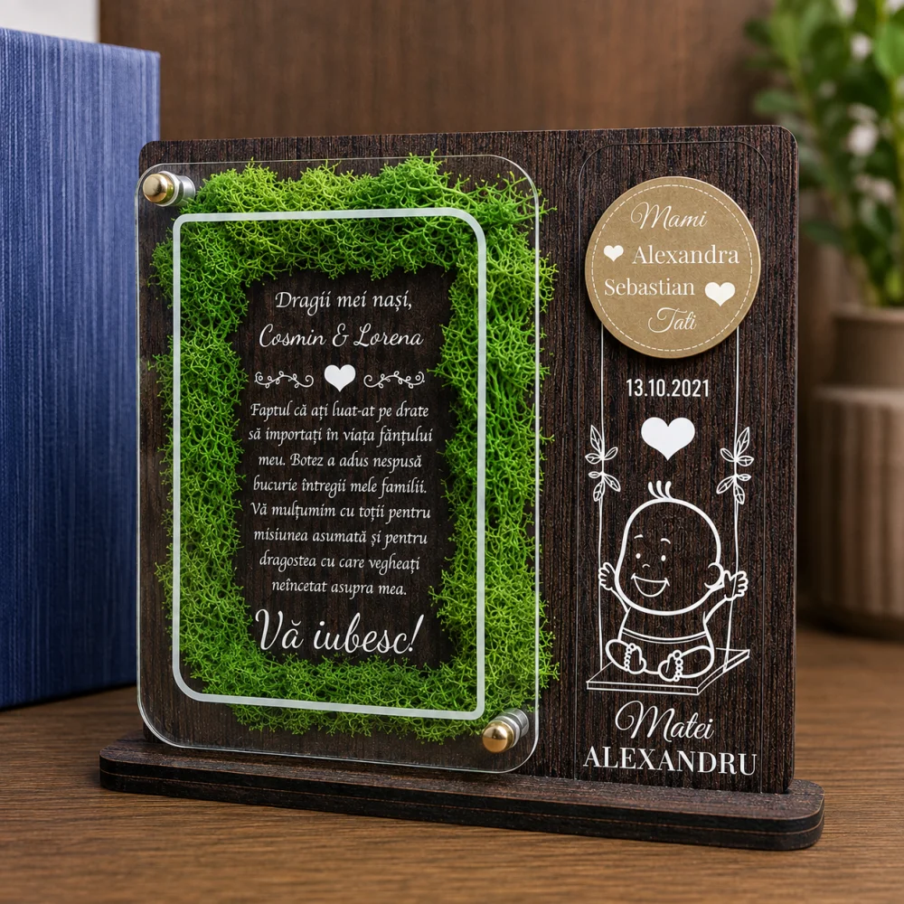 Trofeu personalizat cu licheni – Multumire nasi botez