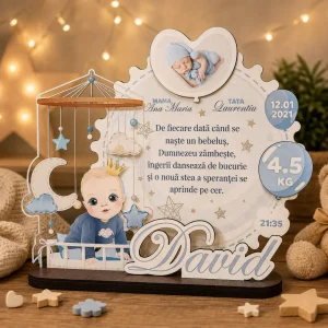 Trofeu personalizat printat - baietel (data nasterii, ora, greutate)