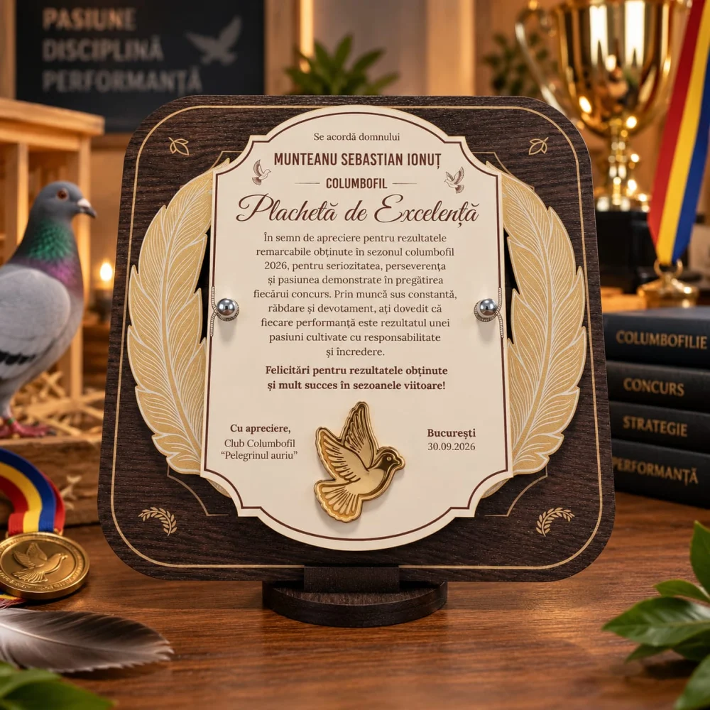 Plachetă personalizată pentru columbofil