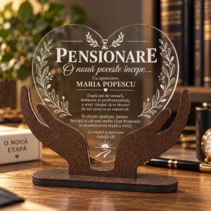 Trofeu personalizat pentru pensionare cu dedicație