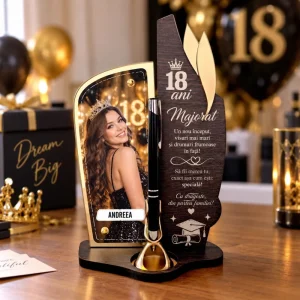 Trofeu personalizat pentru majorat 18 ani cu fotografie și pix