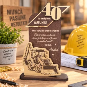 Trofeu aniversar pentru văr cu buldoexcavator