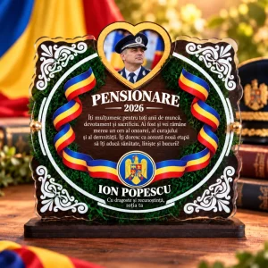Trofeu personalizat de pensionare cu licheni și fotografie