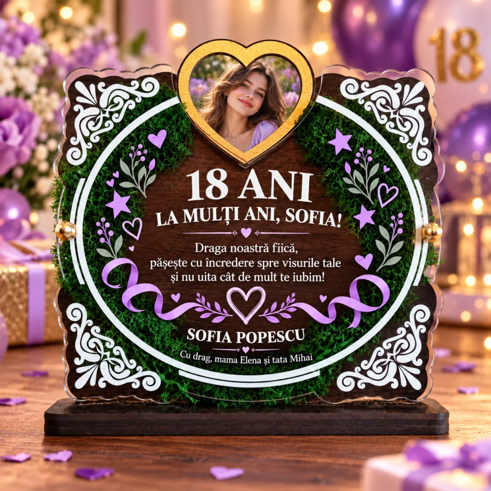 Trofeu personalizat de majorat cu licheni și fotografie pentru fiică