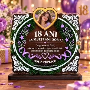 Trofeu personalizat de majorat cu licheni și fotografie pentru fiică