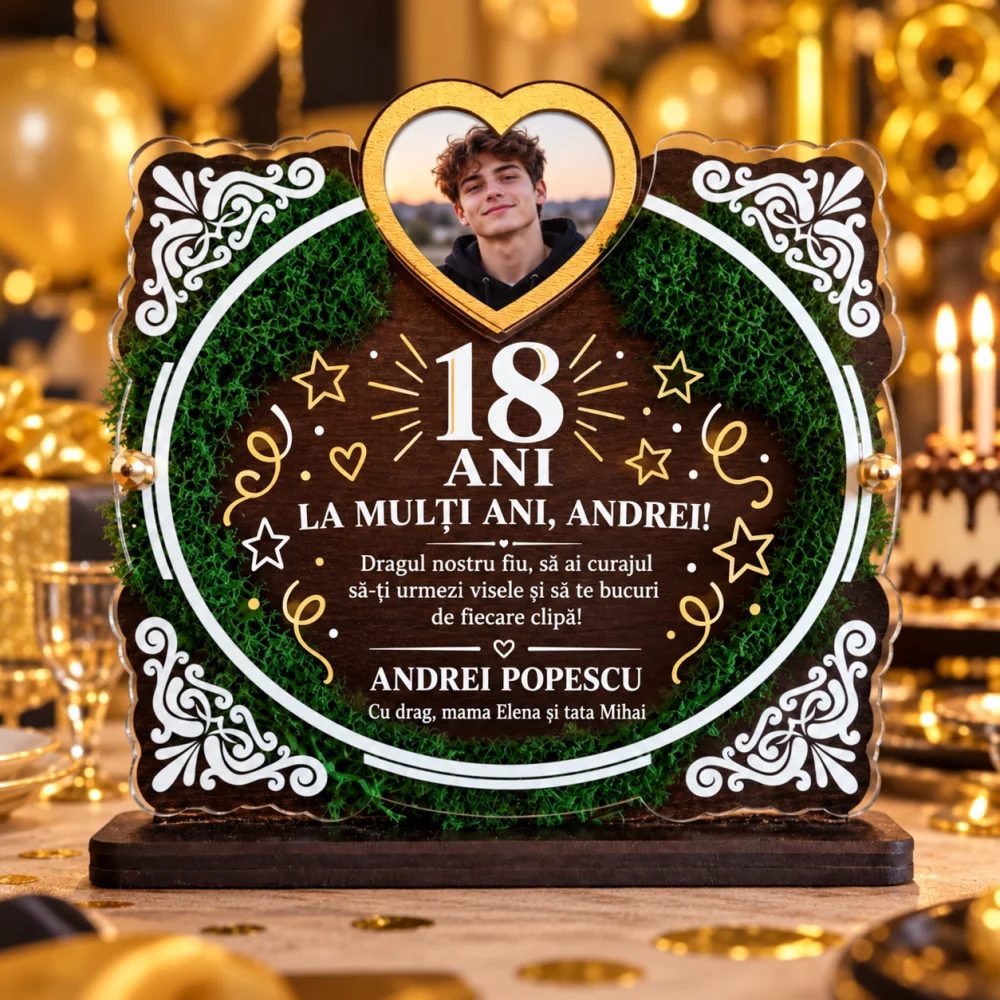 Trofeu personalizat pentru majorat cu licheni și fotografie