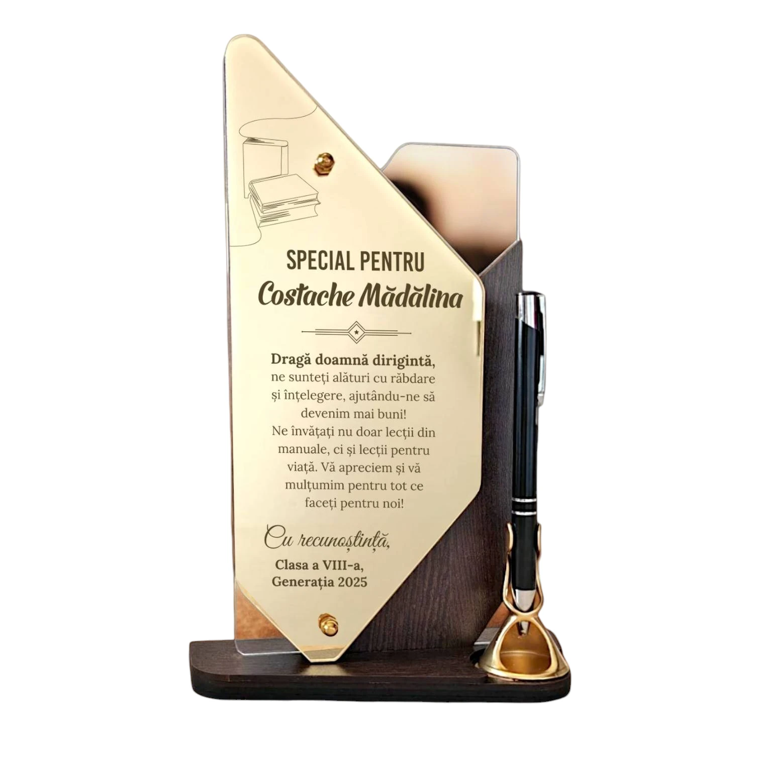 Trofeu personalizat gold cu pix – Pentru diriginta - Fundal Alb