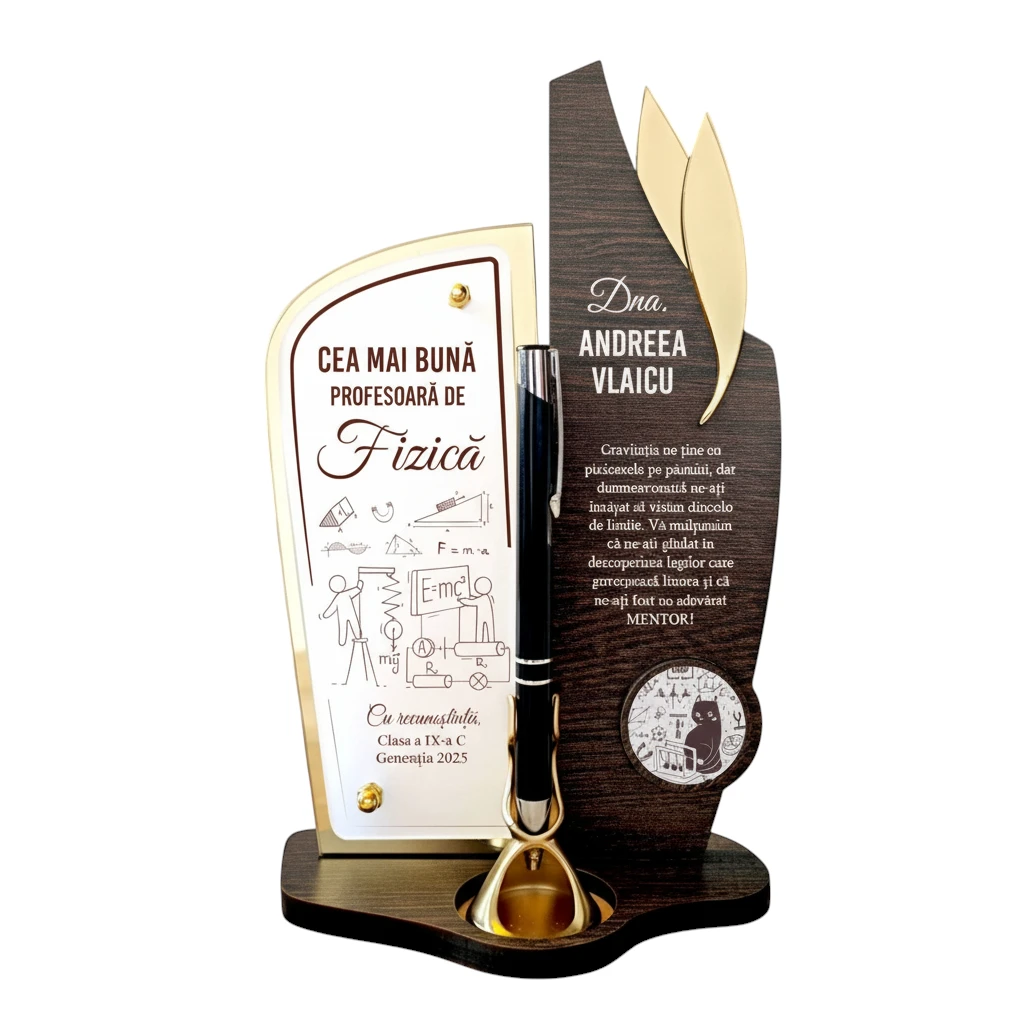 Trofeu personalizat cu pix – Cea mai buna profesoara de fizica