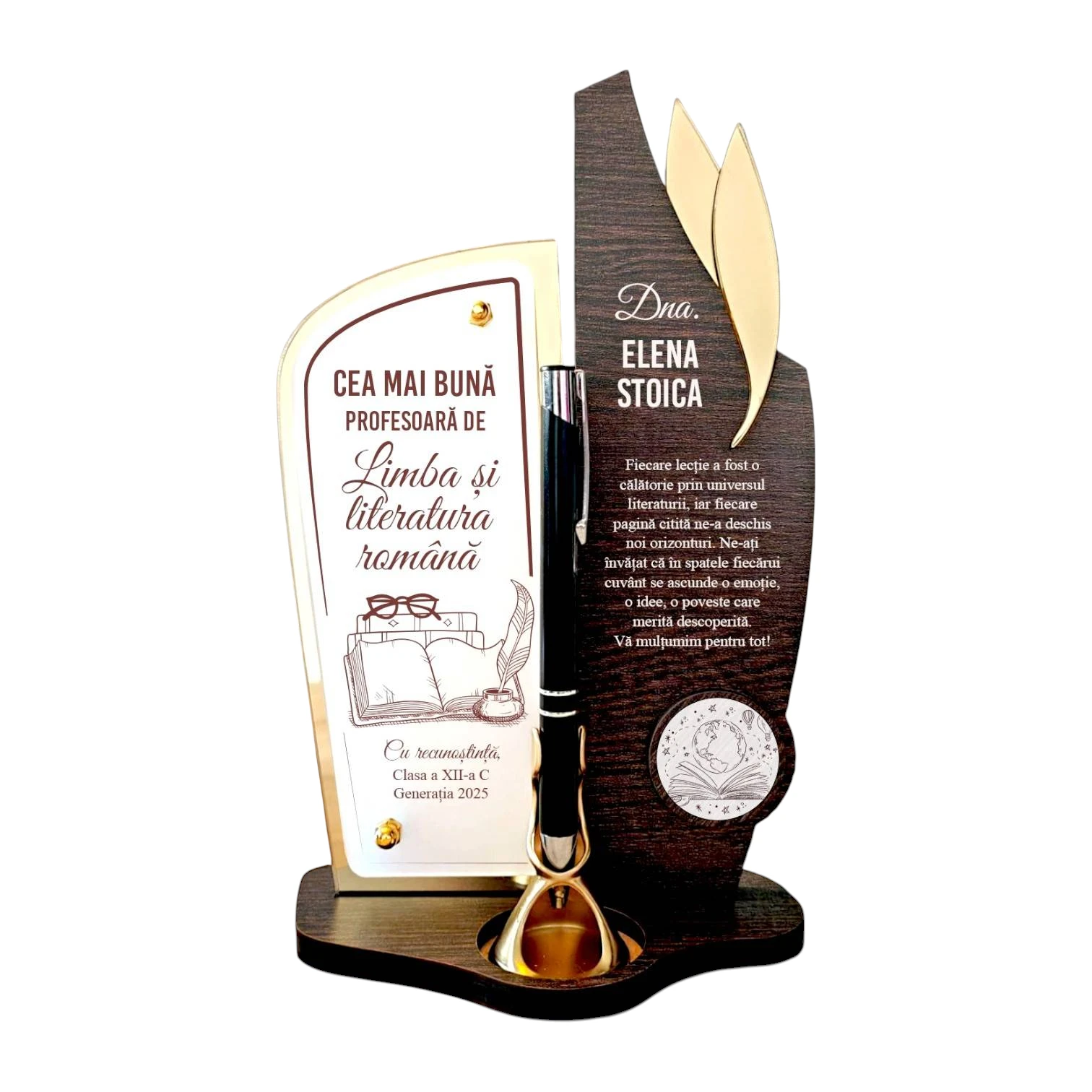 Trofeu personalizat cu pix – Cea mai buna profesoara de limba si literatura romana