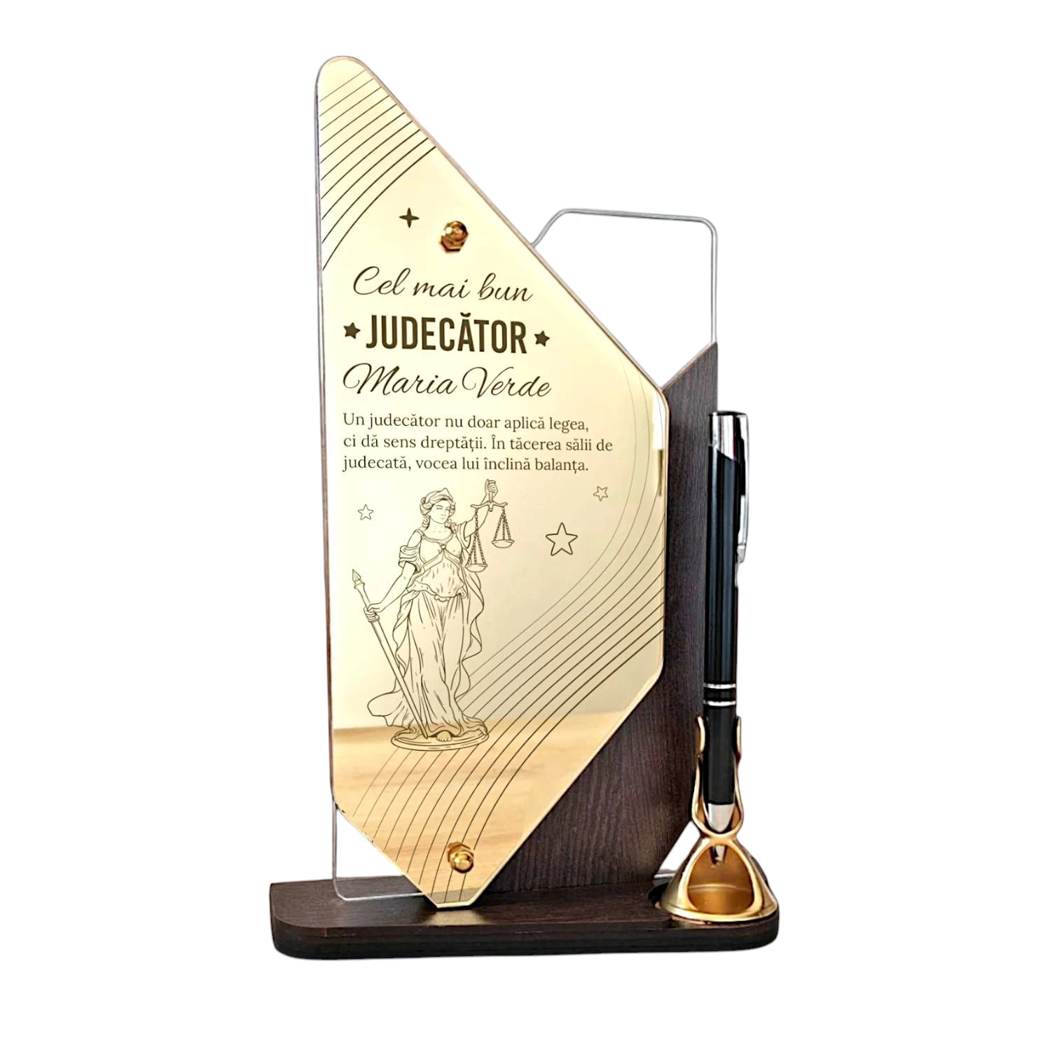 Trofeu personalizat gold cu pix – Pentru judecator