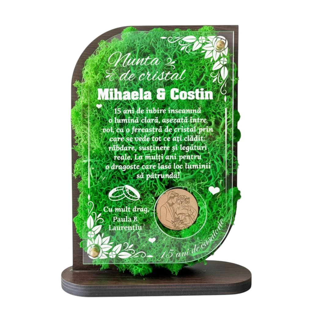 Trofeu Personalizat cu Licheni – Aniversare Nunta de cristal