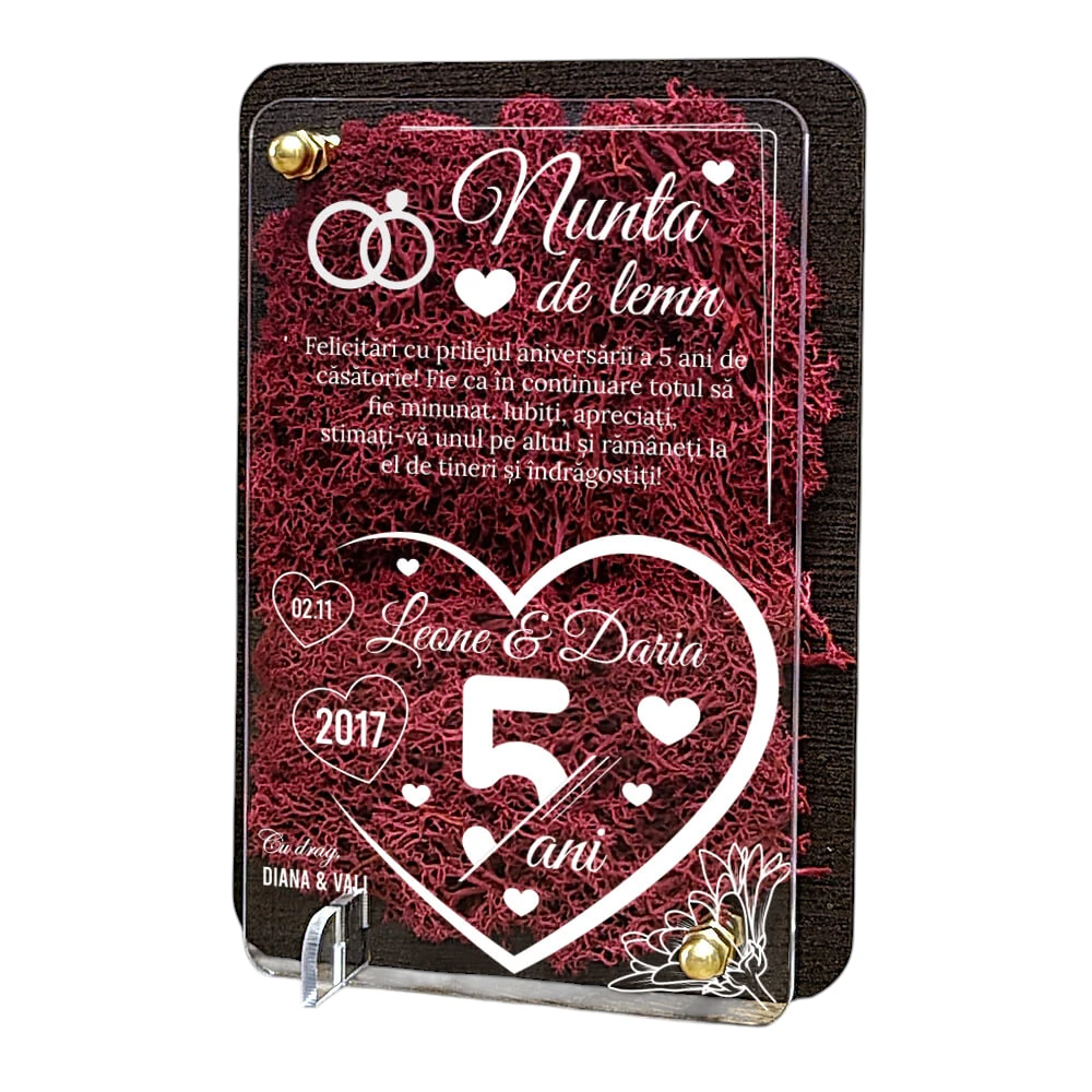 Felicitare cu licheni – Aniversare nunta de lemn 5 ani