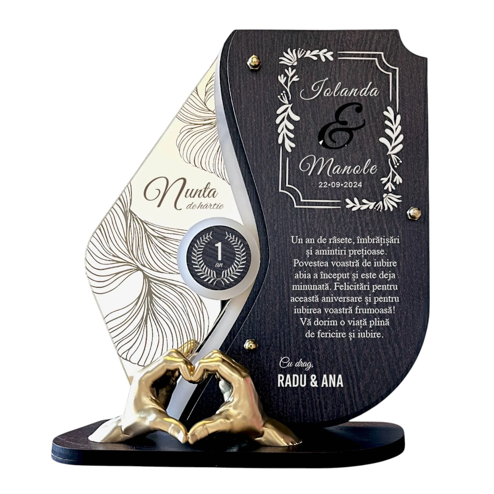 Trofeu personalizat 1 an – Nunta de hartie – Manute