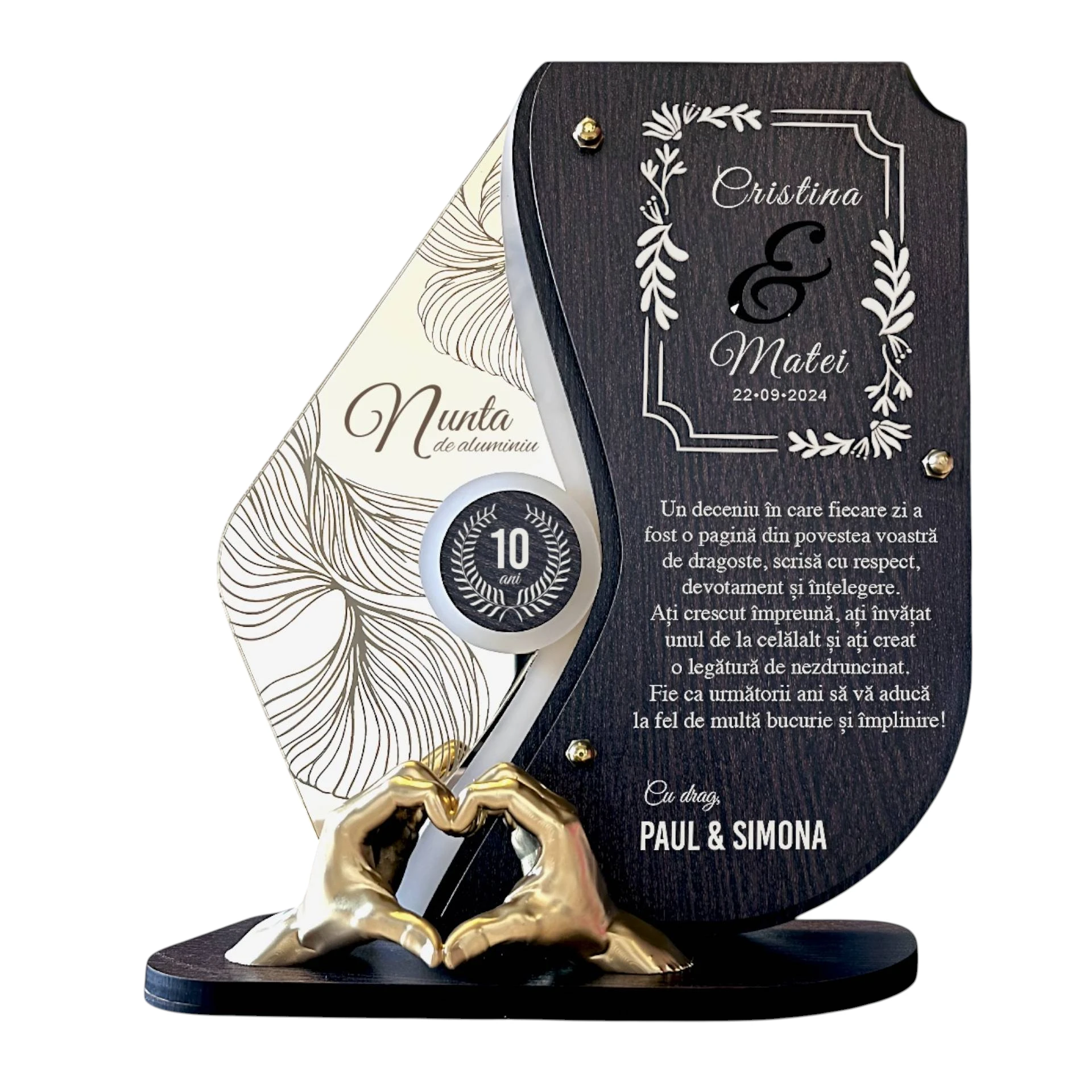 Trofeu personalizat 10 ani – Nunta de aluminiu – Manute