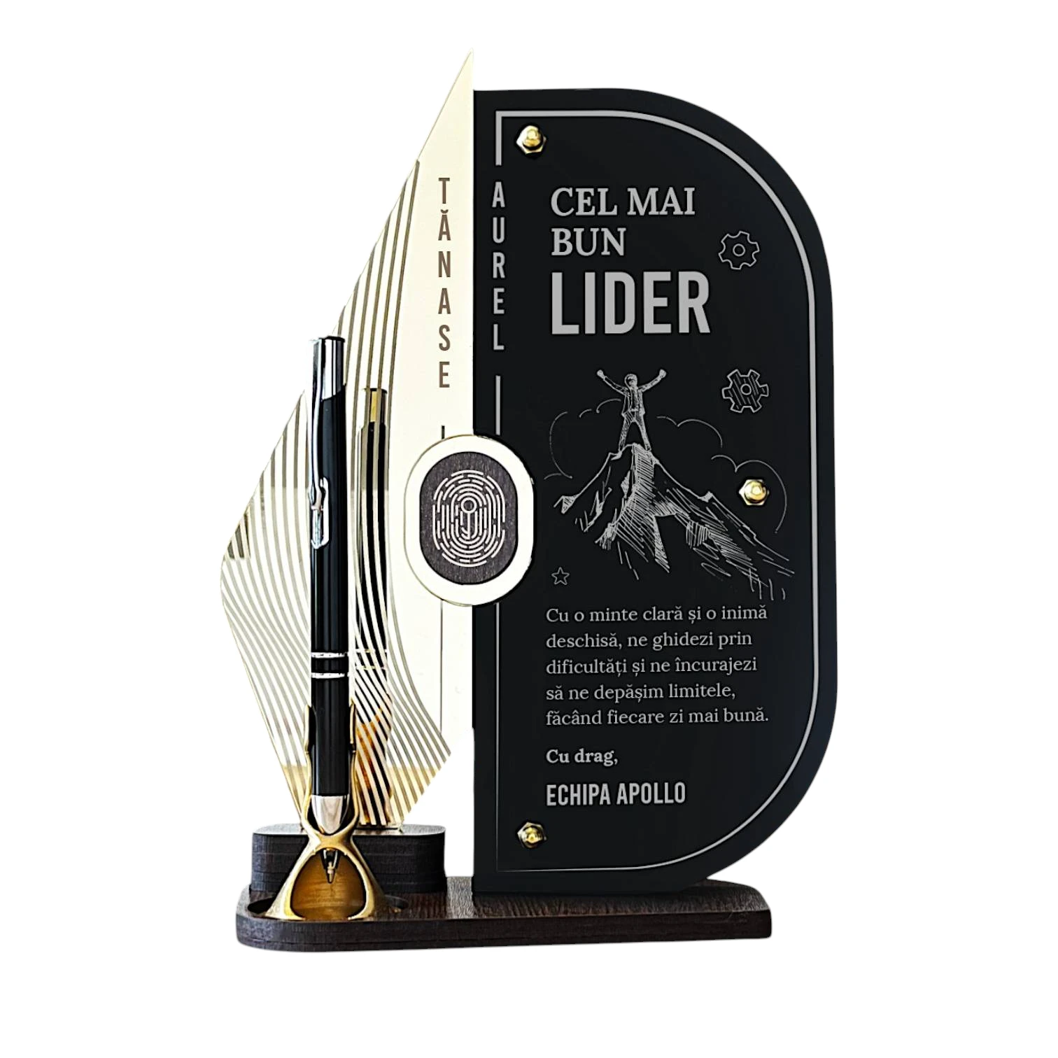 Trofeu personalizat cu pix pentru Cel Mai Bun Lider - Fundal Alb