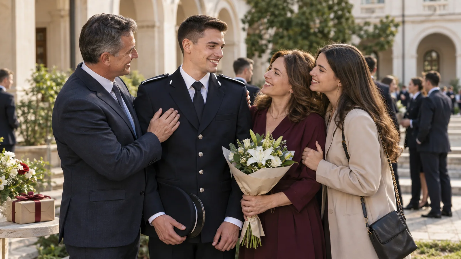 Familie felicitând un tânăr absolvent la finalul ceremoniei