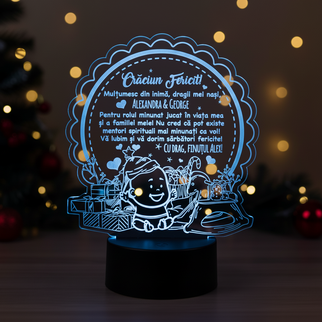 Cadou pentru nasii de botez – Craciun Fericit – LED multicolor