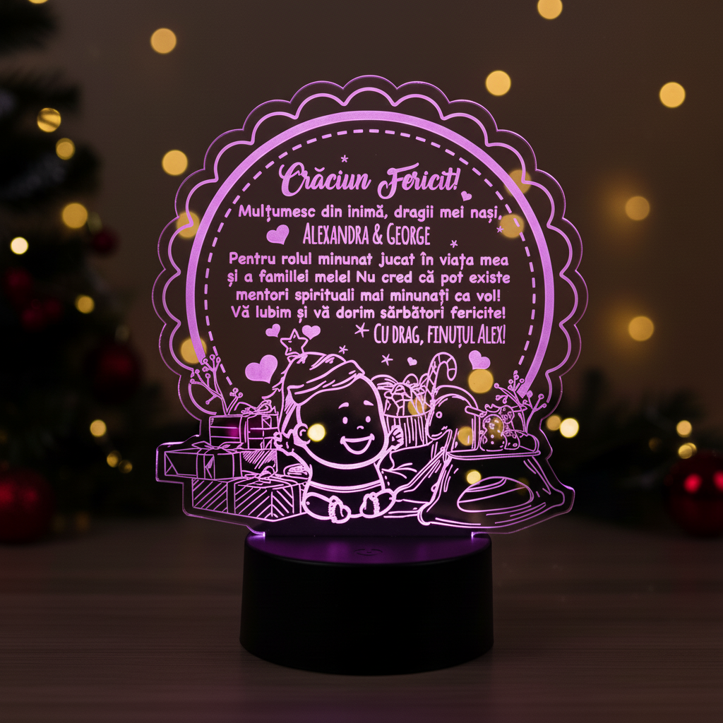 Cadou pentru nasii de botez – Craciun Fericit – LED multicolor Cadou pentru nasii de botez – Craciun Fericit – LED multicolor