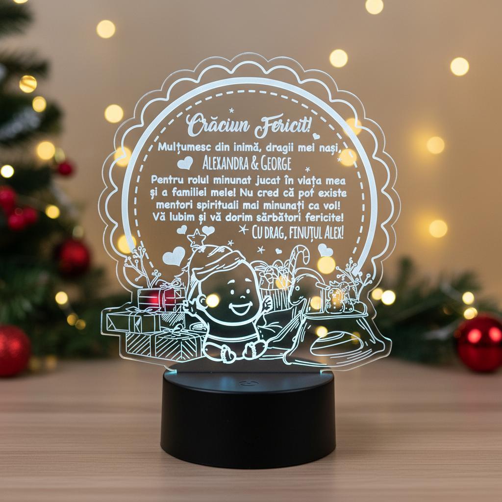 Cadou pentru nasii de botez – Craciun Fericit – LED multicolor Cadou pentru nasii de botez – Craciun Fericit – LED multicolor
