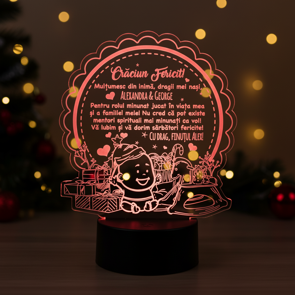 Cadou pentru nasii de botez – Craciun Fericit – LED multicolor Cadou pentru nasii de botez – Craciun Fericit – LED multicolor