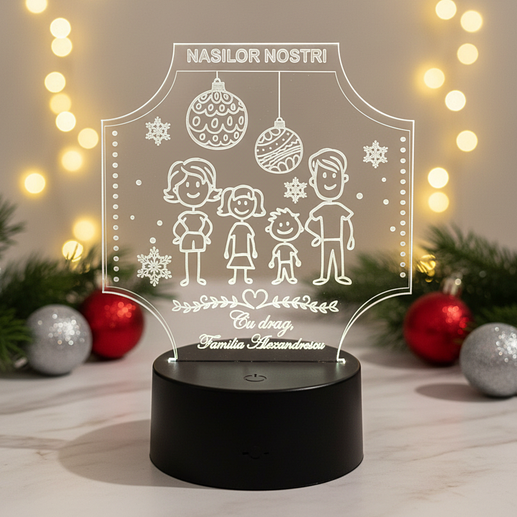 Trofeu LED familie – Cadou Urare de Craciun pentru nasi