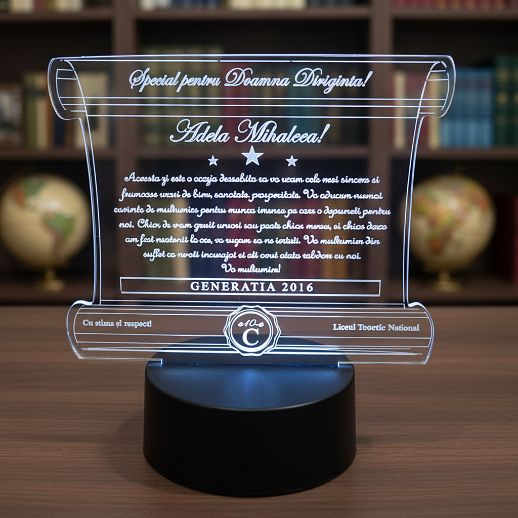 Cadou personalizat Trofeu LED - Pergament - Diriginta -  Model 6 Cadou personalizat Trofeu LED - Pergament - Diriginta -  Model 6