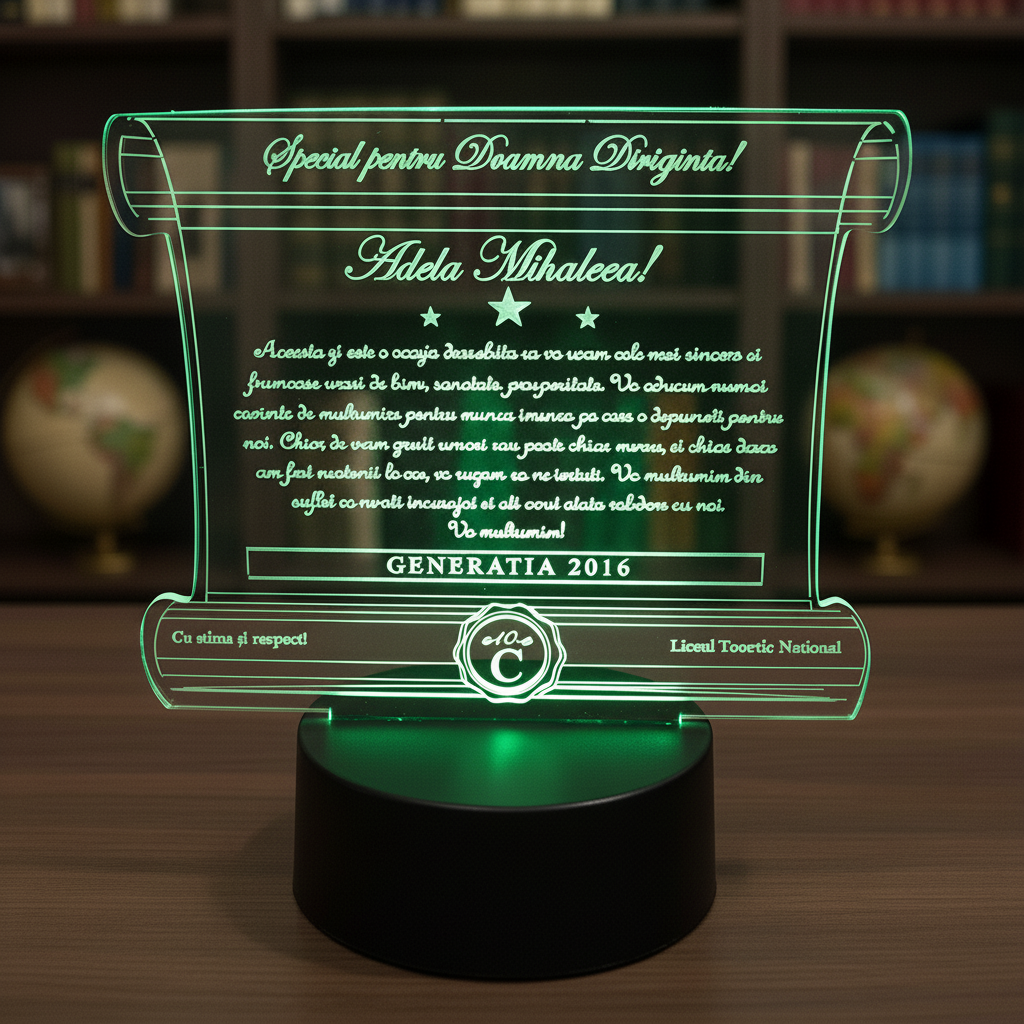 Cadou personalizat Trofeu LED - Pergament - Diriginta -  Model 6 Cadou personalizat Trofeu LED - Pergament - Diriginta -  Model 6