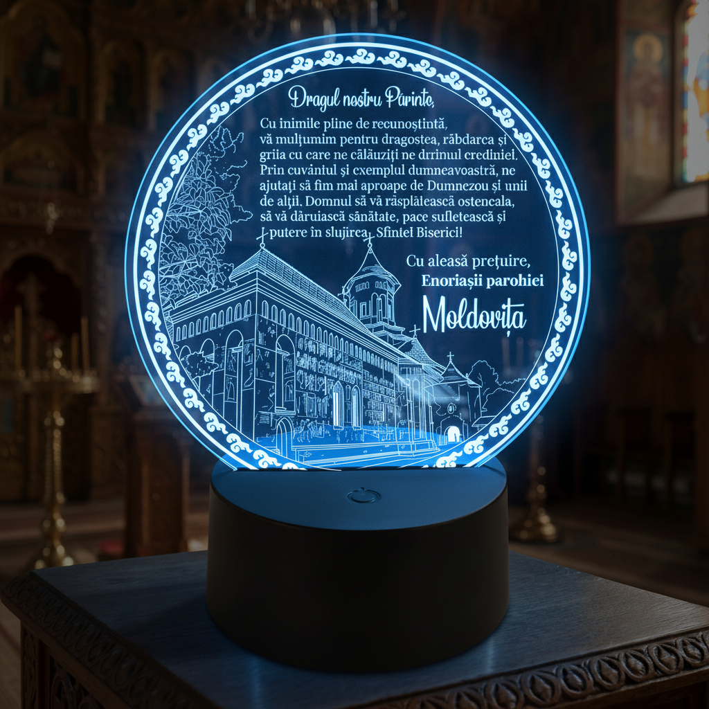 Trofeu cu LED personalizat - Mulțumire pentru preotul paroh Moldovita