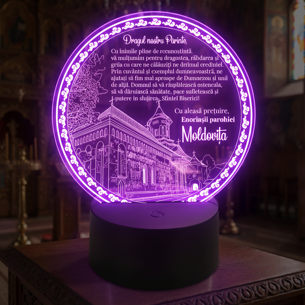 Trofeu cu LED personalizat - Mulțumire pentru preotul paroh Moldovita