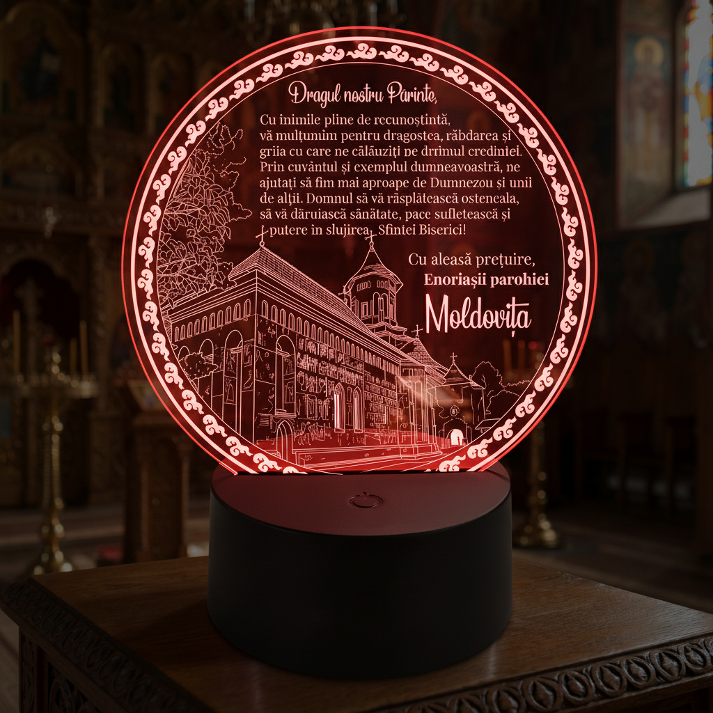 Trofeu cu LED personalizat – Mulțumire pentru preotul paroh Moldovita