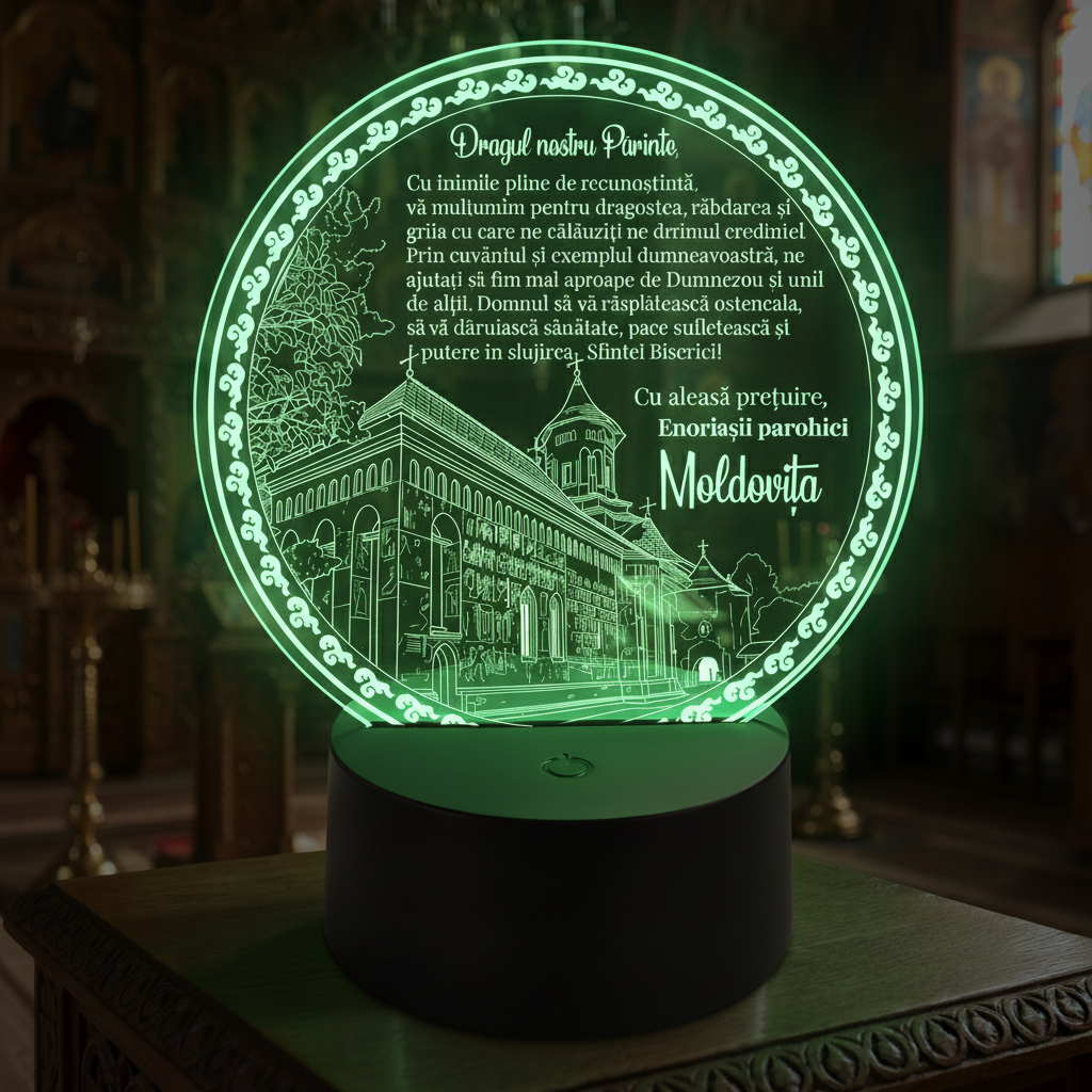 Trofeu cu LED personalizat - Mulțumire pentru preotul paroh Moldovita