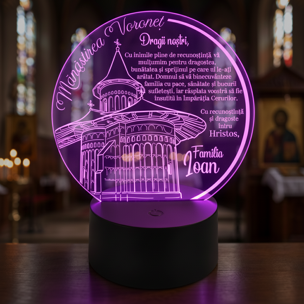 Trofeu cu LED personalizat - Cadou religios pentru familie, Manastirea Voronet