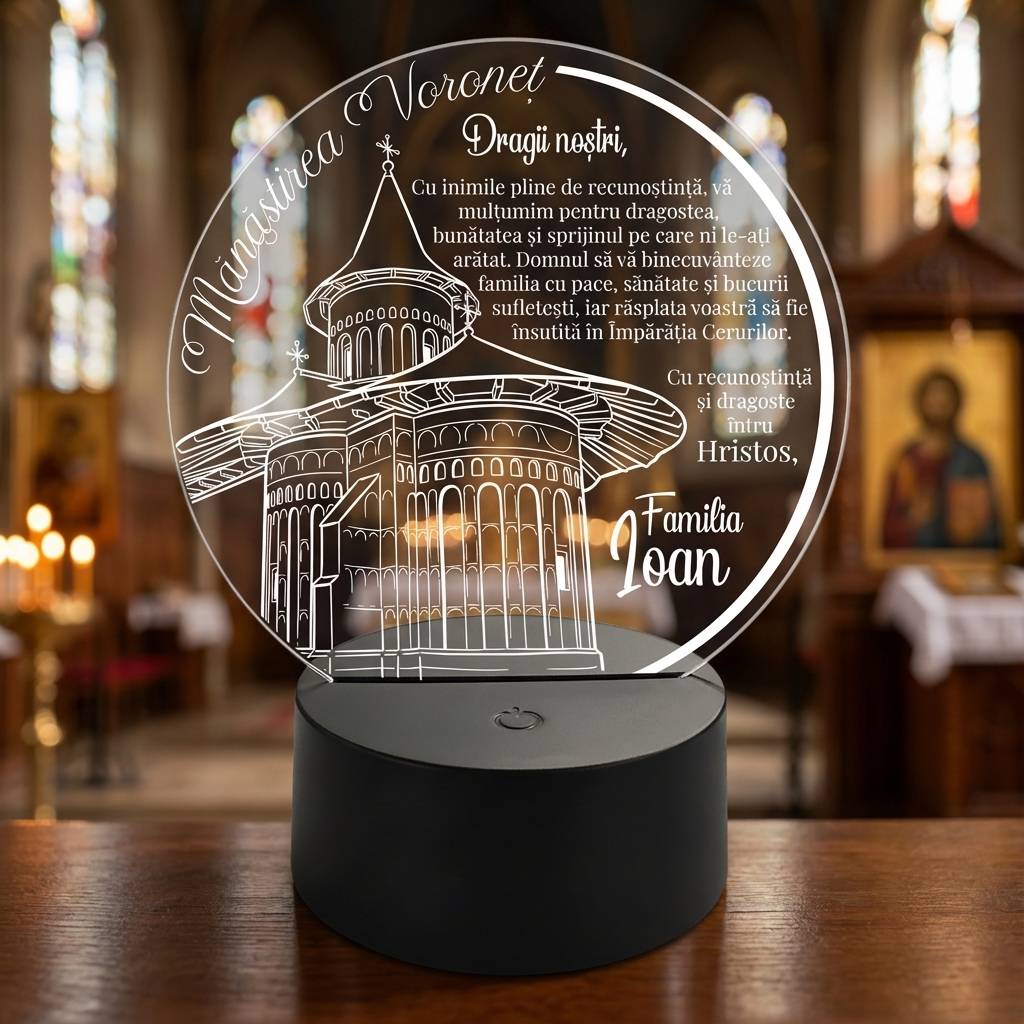 Trofeu cu LED personalizat - Cadou religios pentru familie, Manastirea Voronet