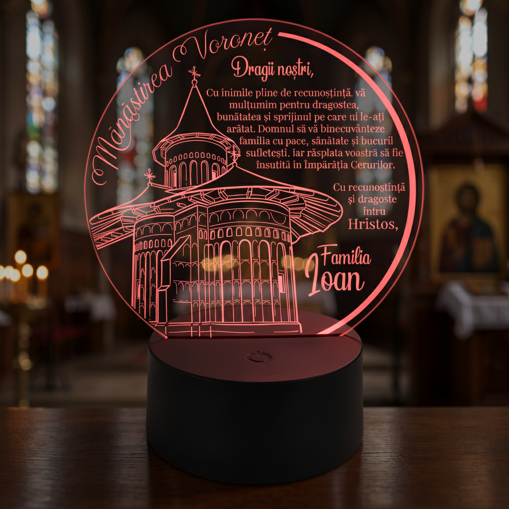 Trofeu cu LED personalizat - Cadou religios pentru familie, Manastirea Voronet