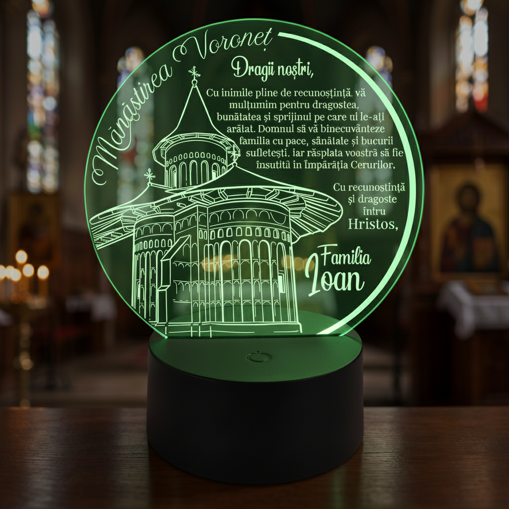 Trofeu cu LED personalizat - Cadou religios pentru familie, Manastirea Voronet