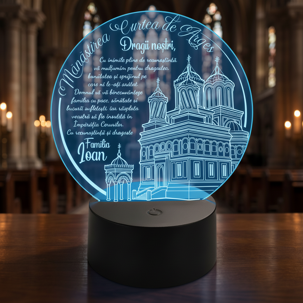 Trofeu cu LED personalizat – Cadou religios, Manastirea Curtea de Arges