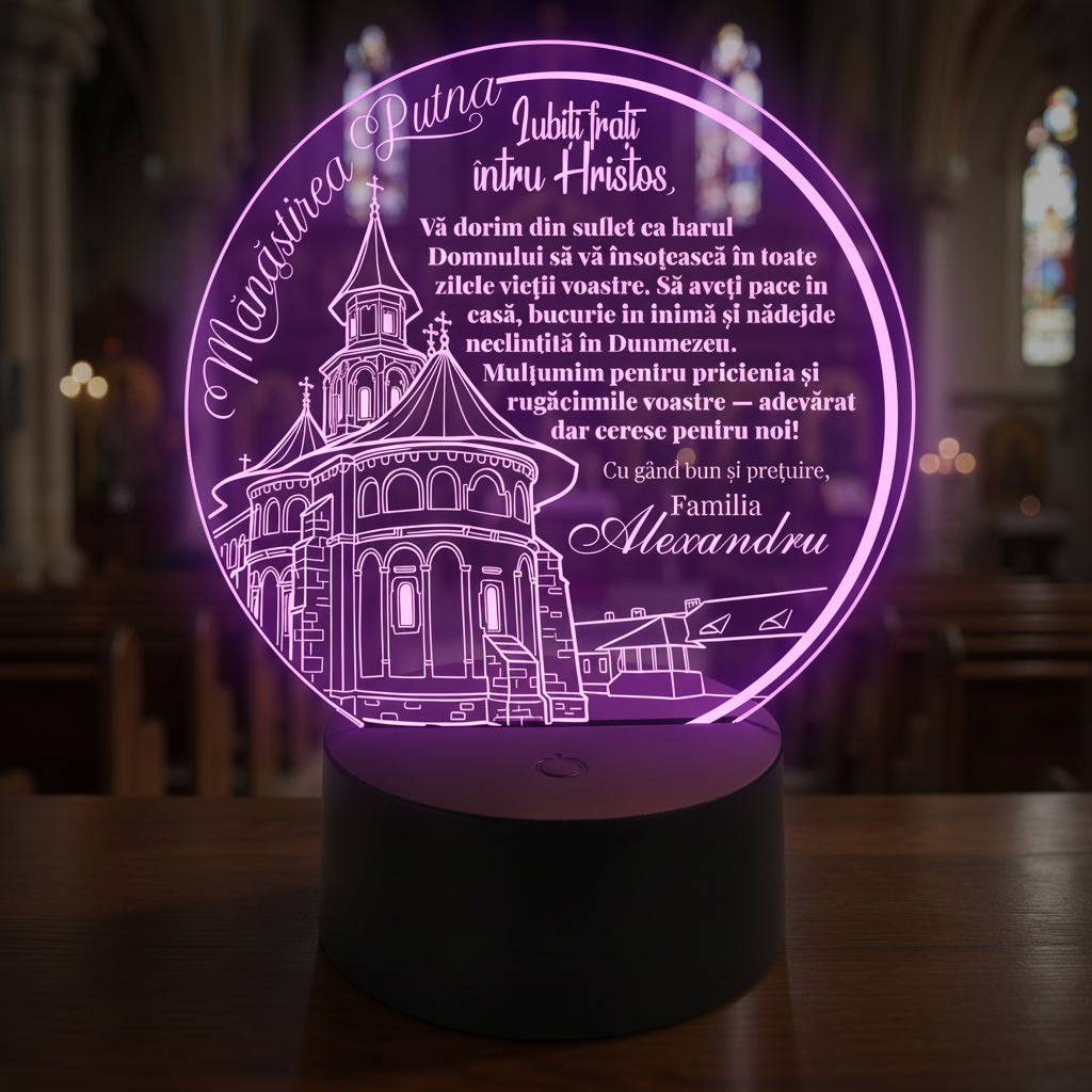 Trofeu cu LED personalizat - Cadou religios, model Manastirea Putna